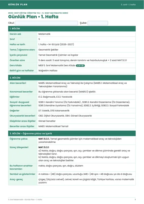2026 – 2027 5.Sınıf Matematik Günlük Plan