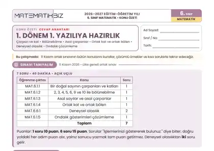 6.Sınıf 1. Dönem 1. Yazılıya Hazırlık Konu Özeti cevap anahtarından kesit