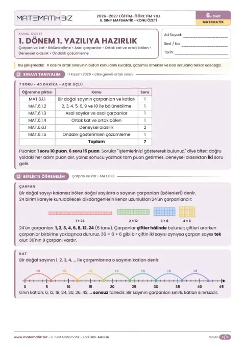 6.Sınıf 1. Dönem 1. Yazılıya Hazırlık Konu Özeti 1. sayfa