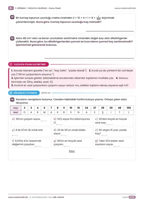 6.Sınıf 1. Dönem 1. Yazılıya Hazırlık Konu Özeti 9. sayfa