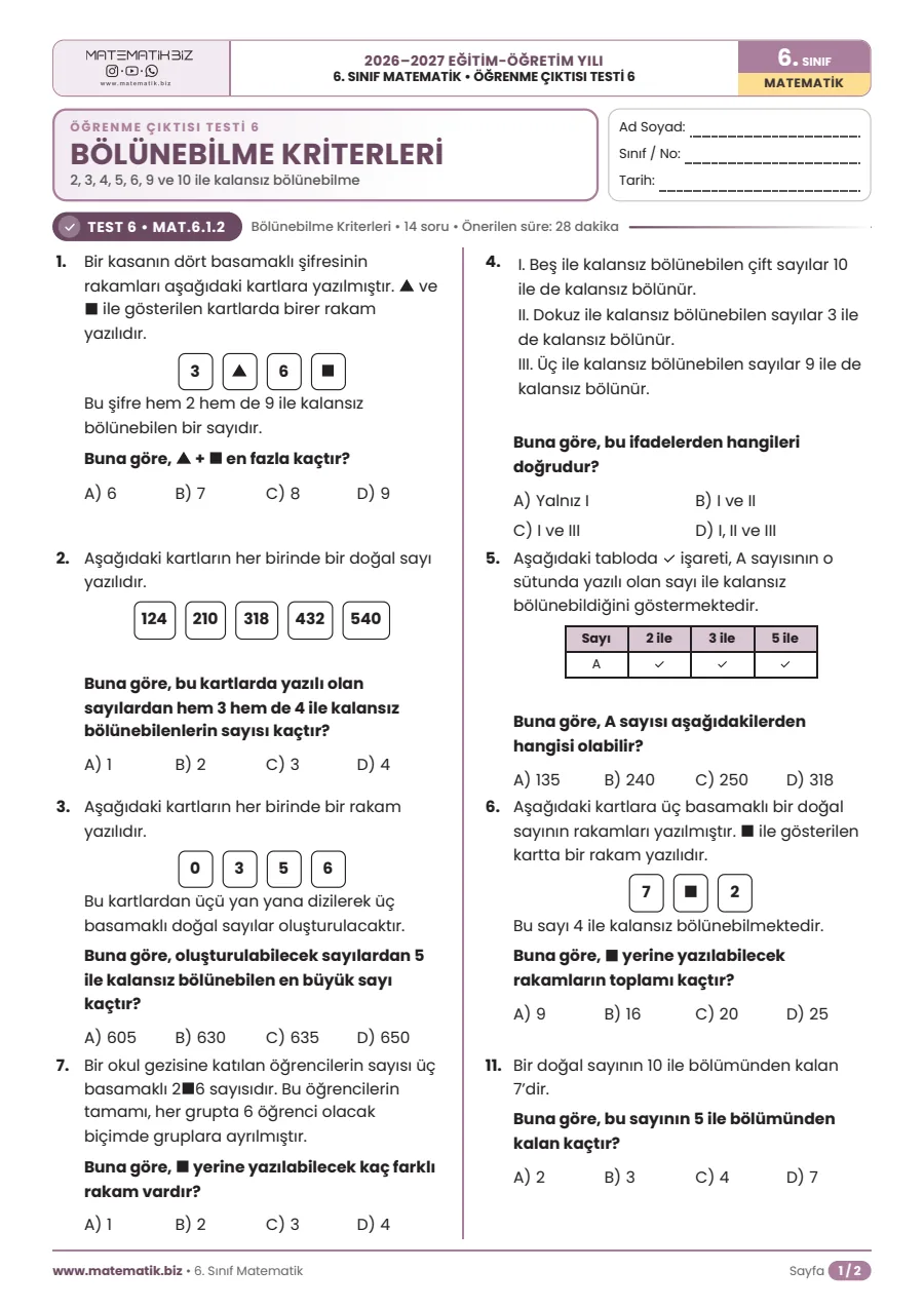 6. Sınıf Bölünebilme Kriterleri Test PDF (Cevap Anahtarlı) 5. sayfa