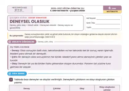 6.Sınıf Deneysel Olasılık Çalışma Kağıdı cevap anahtarından kesit