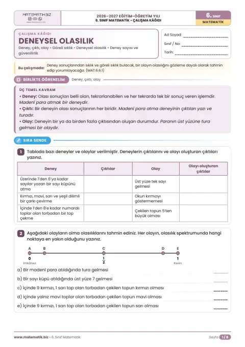 6.Sınıf Deneysel Olasılık Çalışma Kağıdı 1. sayfa