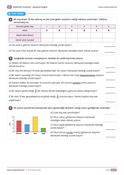 6.Sınıf Deneysel Olasılık Çalışma Kağıdı 3. sayfa