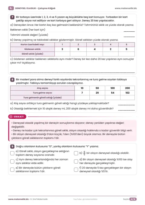 6.Sınıf Deneysel Olasılık Çalışma Kağıdı 4. sayfa