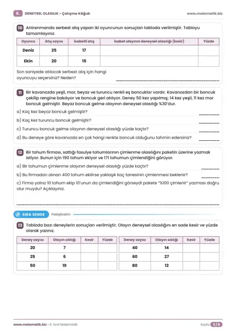 6.Sınıf Deneysel Olasılık Çalışma Kağıdı 5. sayfa