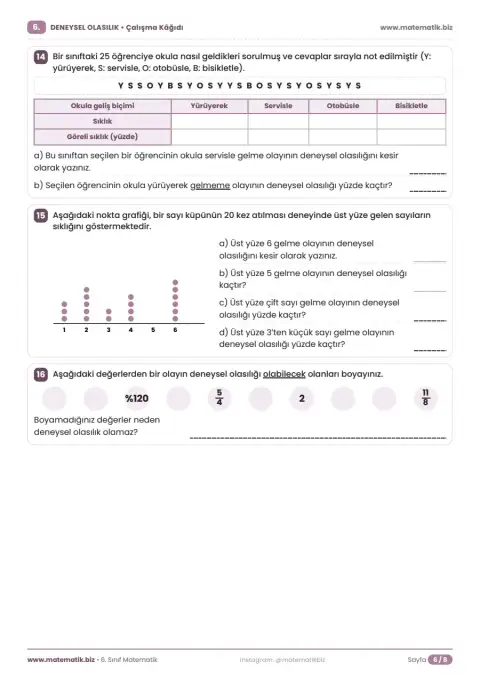 6.Sınıf Deneysel Olasılık Çalışma Kağıdı 6. sayfa