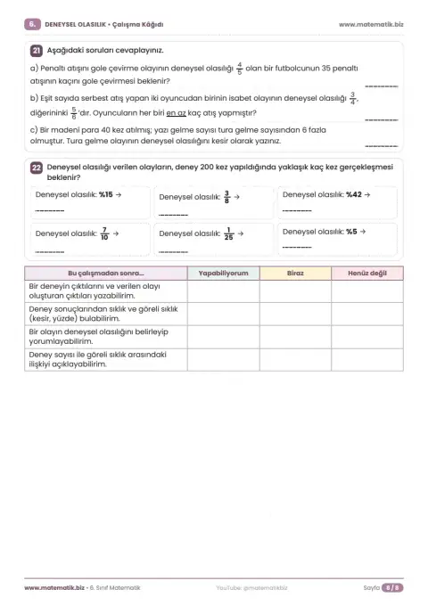 6.Sınıf Deneysel Olasılık Çalışma Kağıdı 8. sayfa