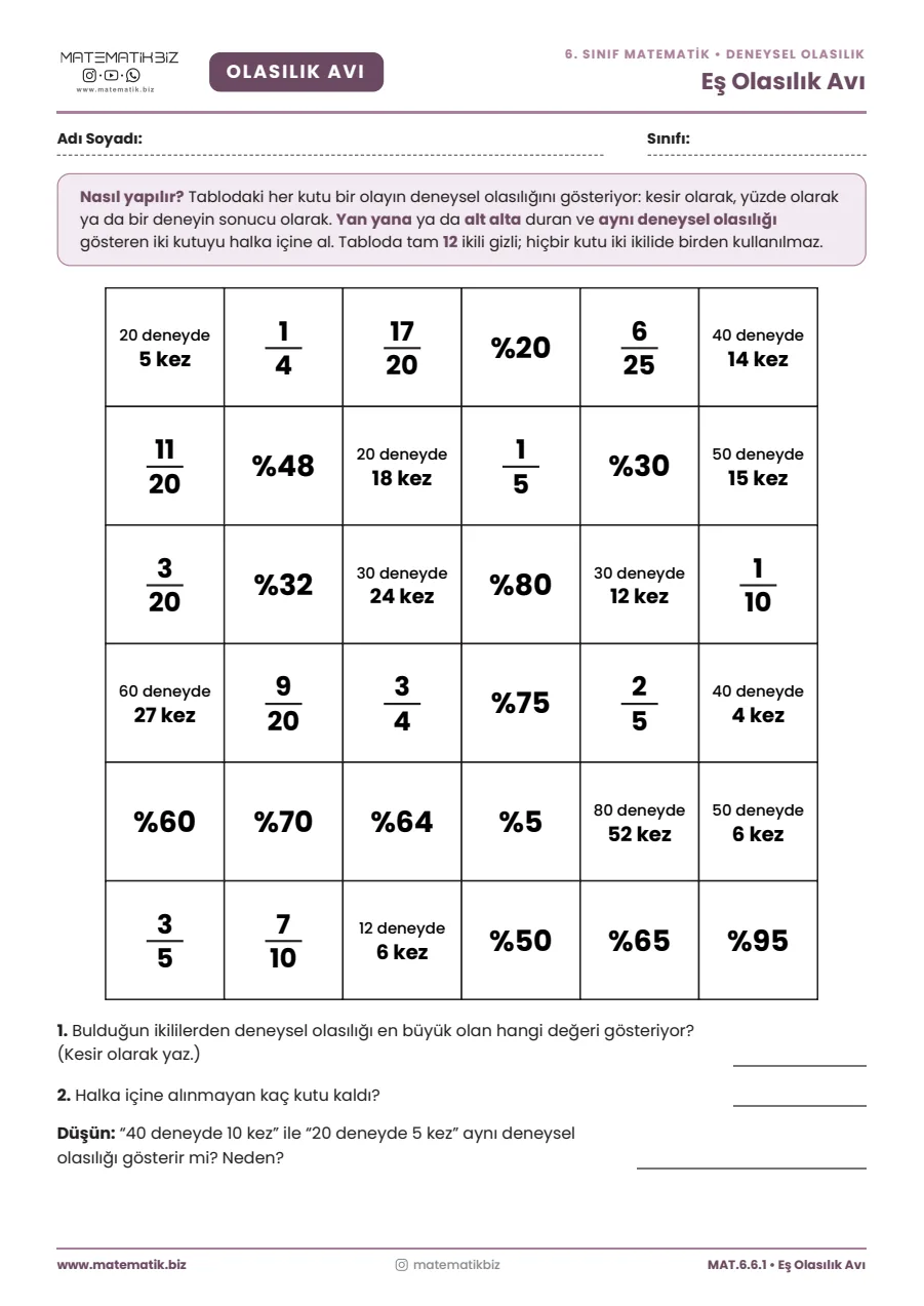 6.Sınıf Deneysel Olasılık Eş Olasılık Avı Bulmaca Etkinliği 1. sayfa