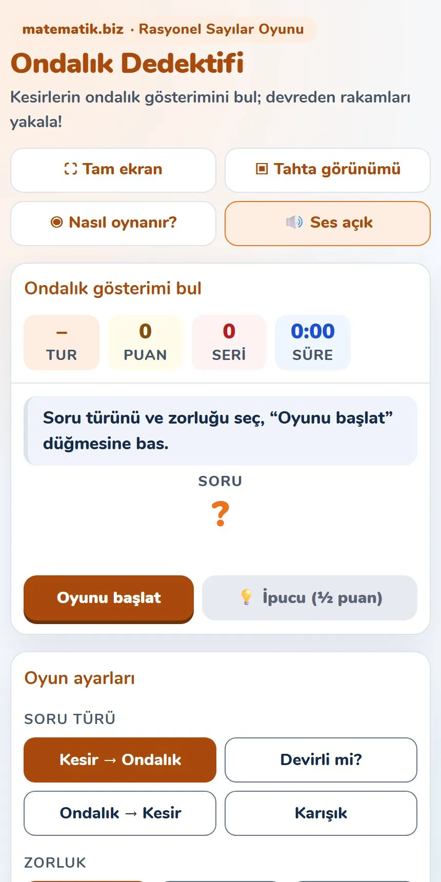 7.Sınıf Rasyonel Sayıların Ondalık Gösterimi Oyunu 1. sayfa