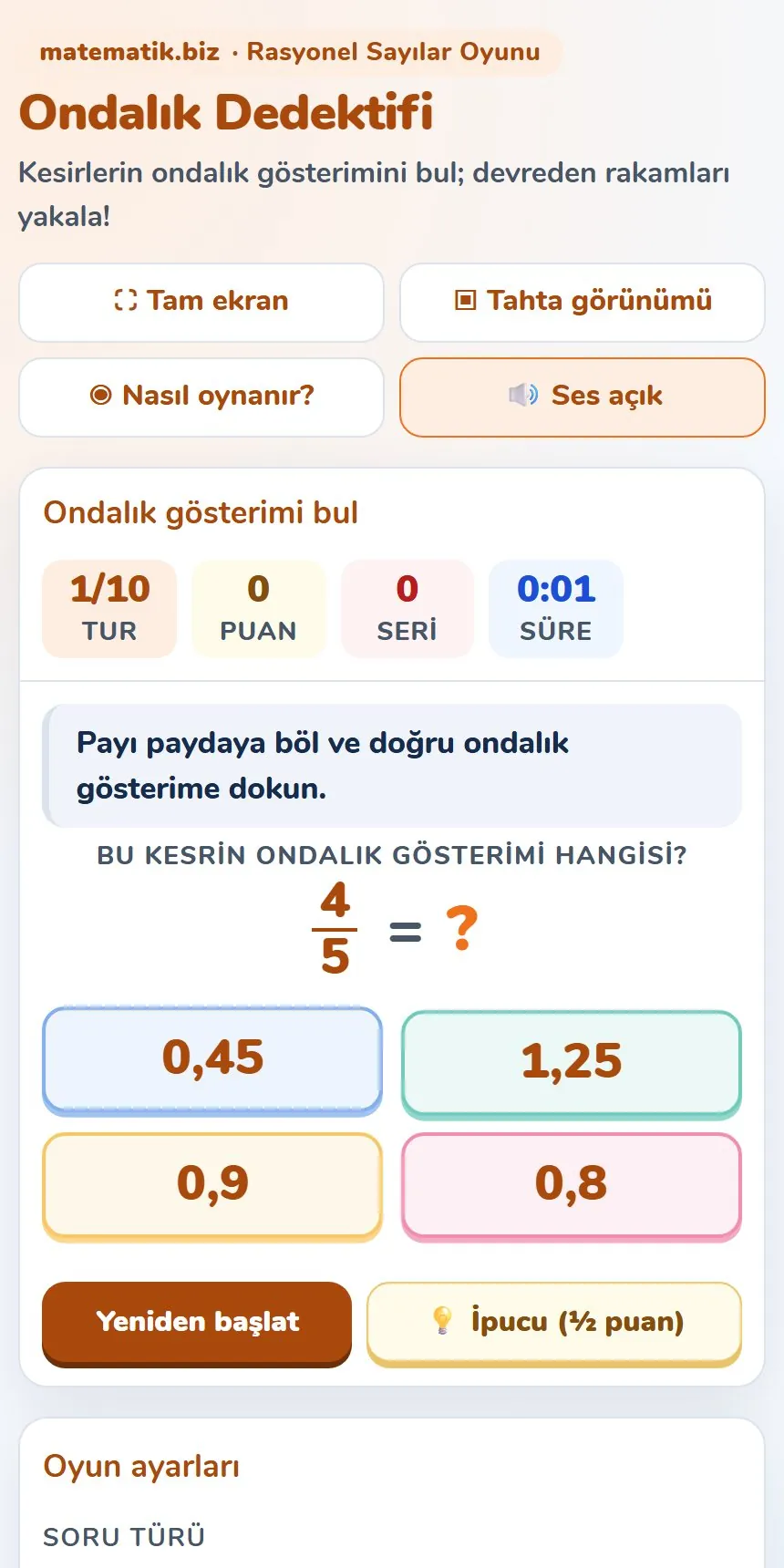 7.Sınıf Rasyonel Sayıların Ondalık Gösterimi Oyunu 2. sayfa