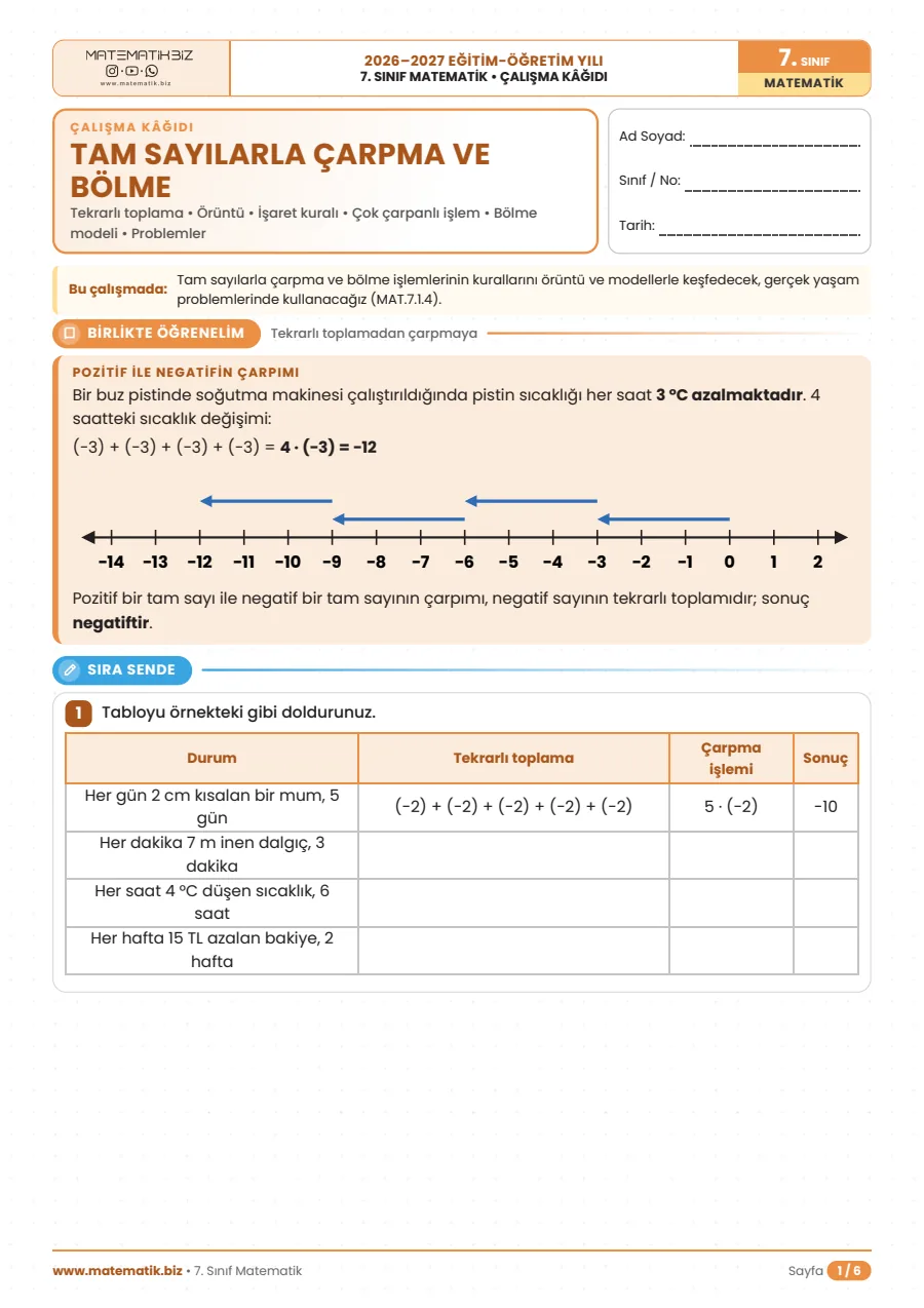 7.Sınıf Tam Sayılarla Çarpma ve Bölme Çalışma Kağıdı 1. sayfa