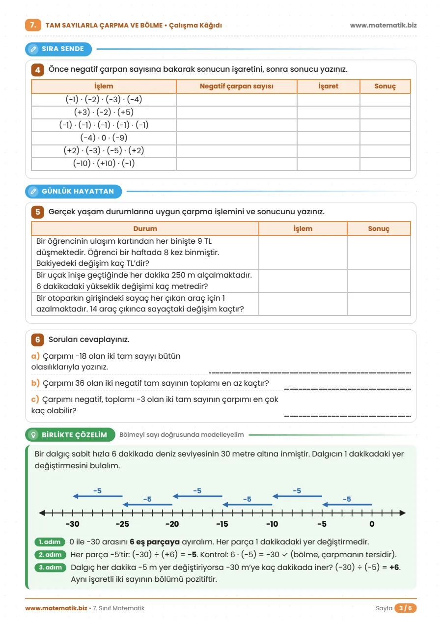 7.Sınıf Tam Sayılarla Çarpma ve Bölme Çalışma Kağıdı 3. sayfa