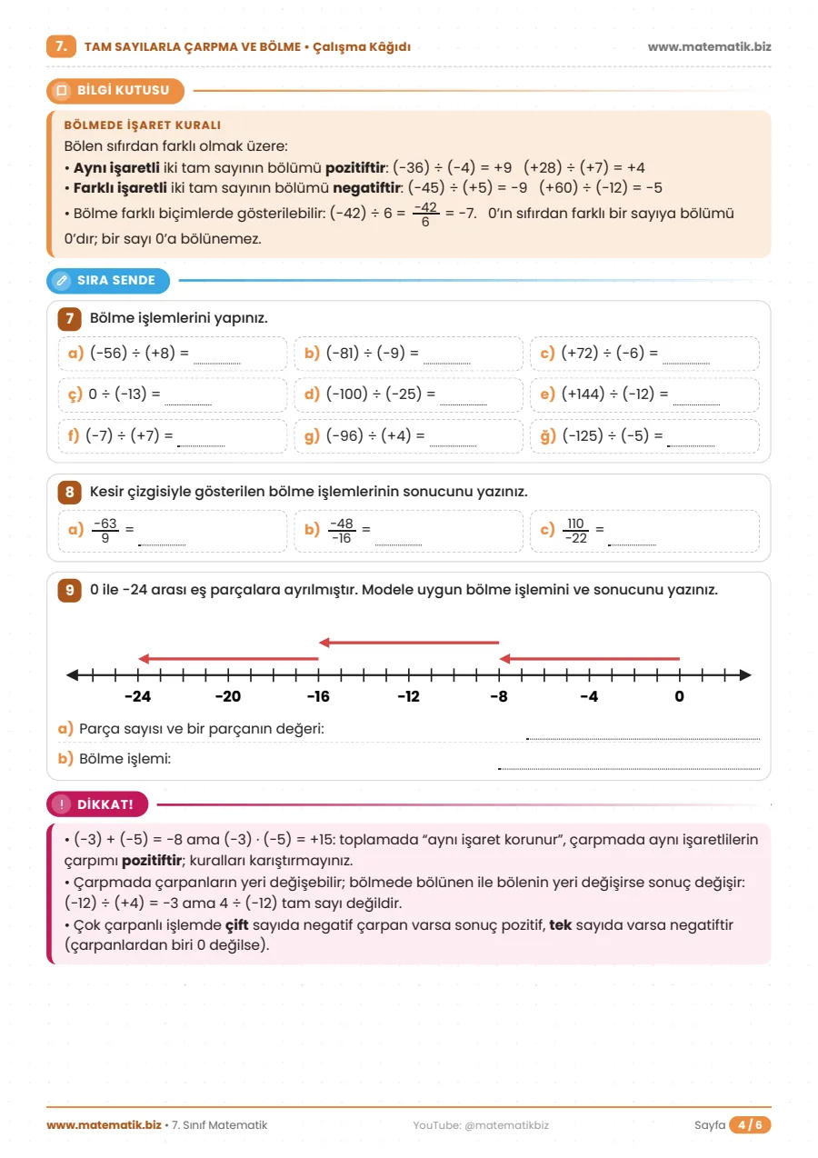 7.Sınıf Tam Sayılarla Çarpma ve Bölme Çalışma Kağıdı 4. sayfa