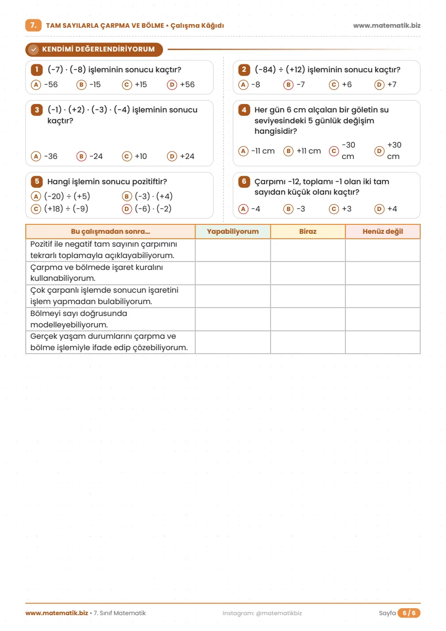 7.Sınıf Tam Sayılarla Çarpma ve Bölme Çalışma Kağıdı 6. sayfa