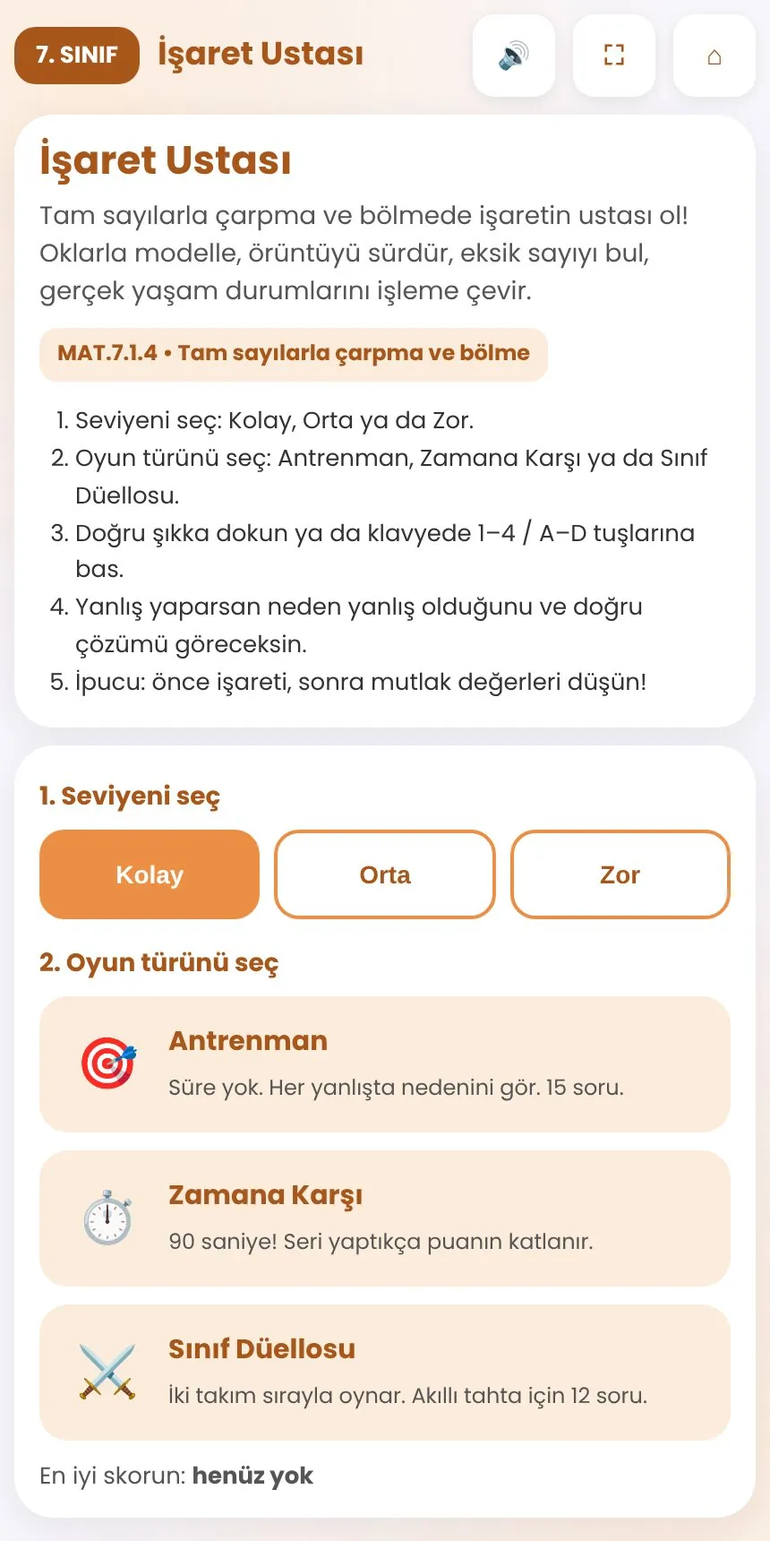 7.Sınıf Tam Sayılarla Çarpma ve Bölme Oyunu 1. sayfa