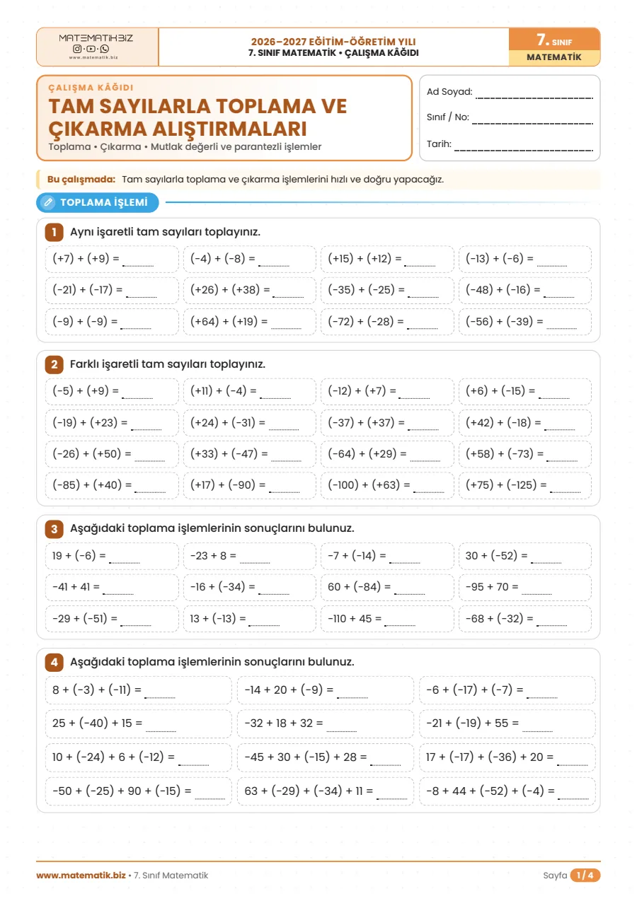 7.Sınıf Tam Sayılarla Toplama ve Çıkarma Alıştırmaları Çalışma Kağıdı 1. sayfa