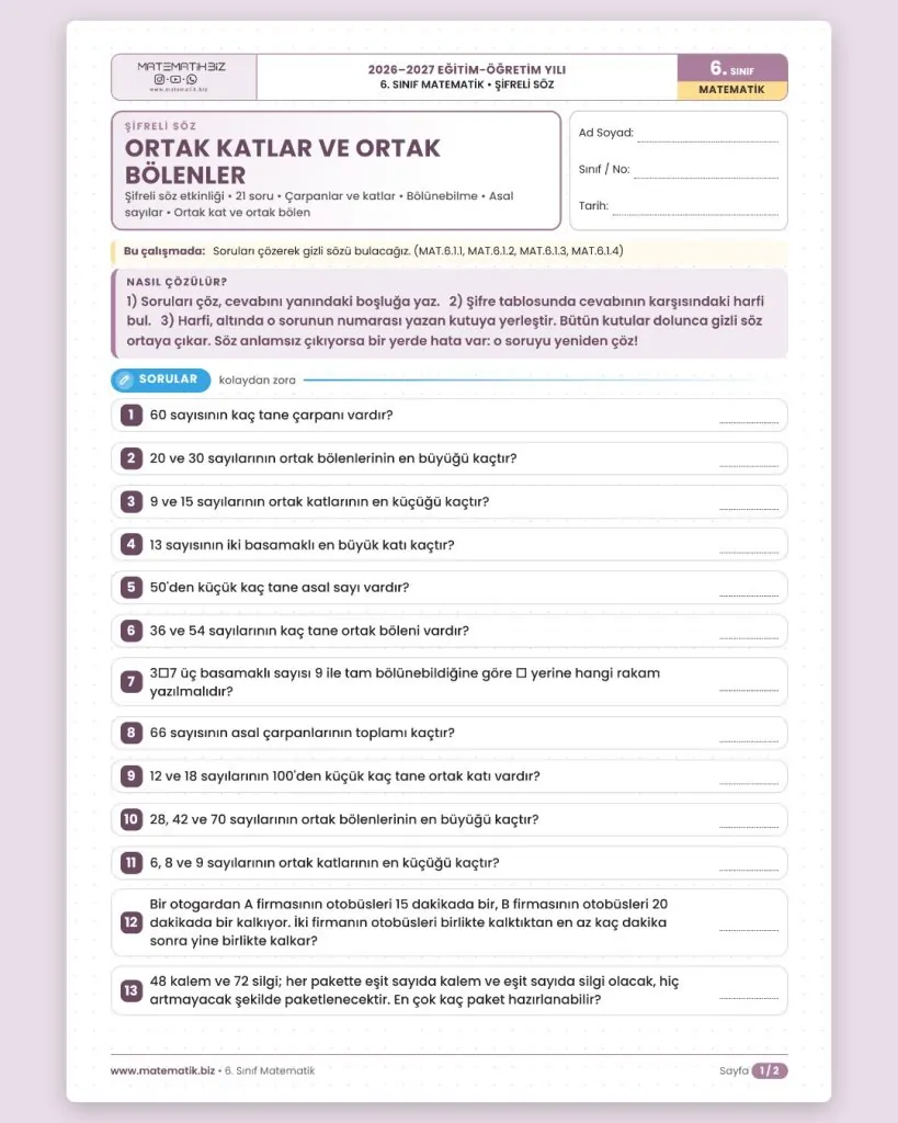 6.Sınıf Ortak Katlar ve Ortak Bölenler Şifreli Söz