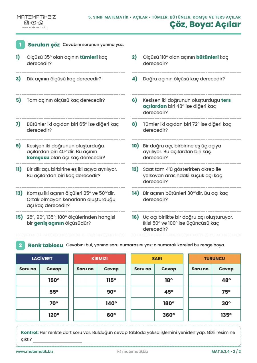 5.Sınıf Açılar Roket Boyama Etkinliği 2. sayfa