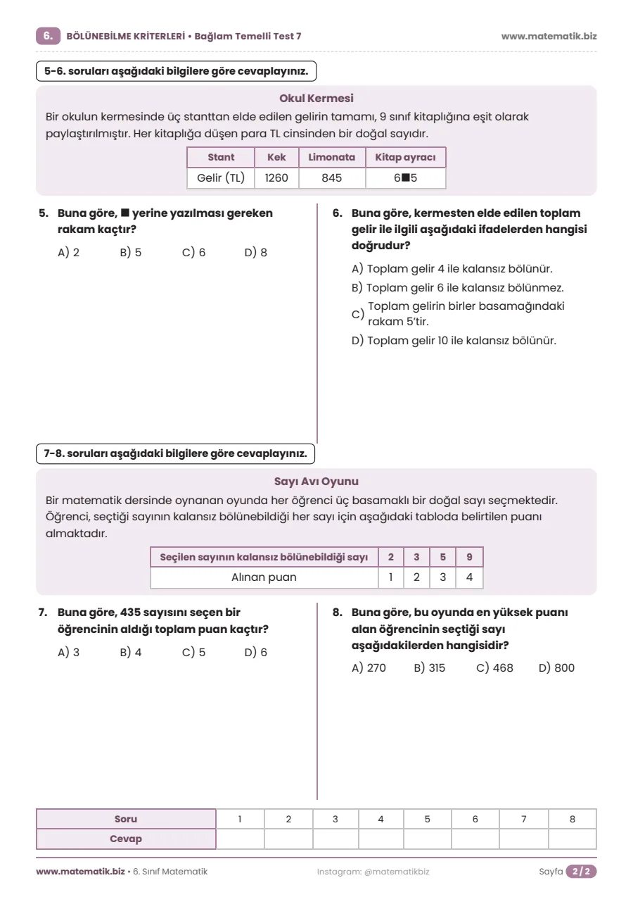 6. Sınıf Bölünebilme Kriterleri Test PDF (Cevap Anahtarlı) 2. sayfa