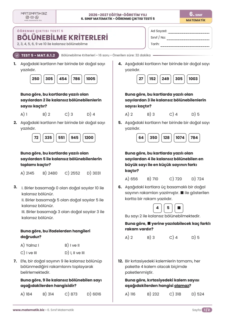 6. Sınıf Bölünebilme Kriterleri Test PDF (Cevap Anahtarlı) 3. sayfa