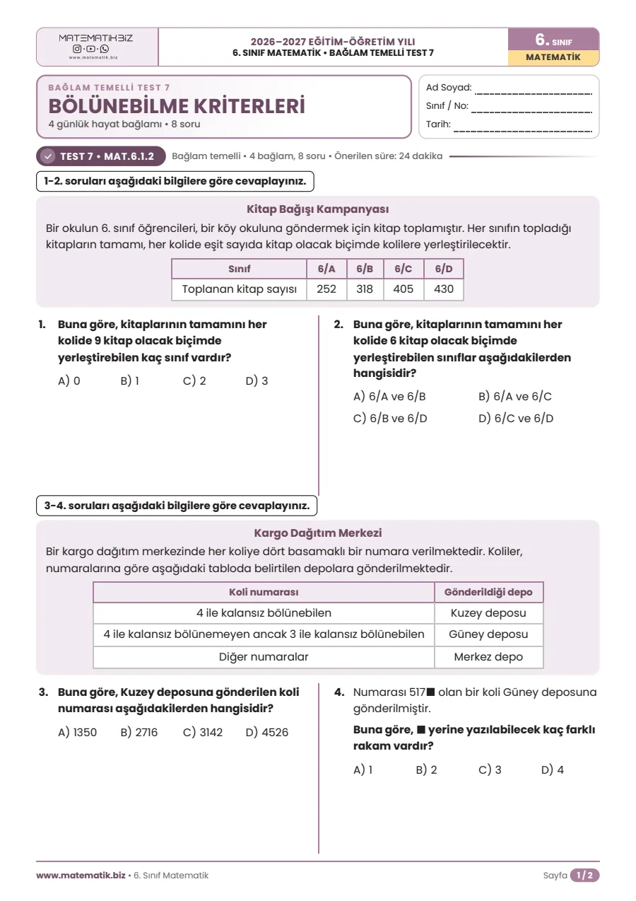6. Sınıf Bölünebilme Kriterleri Test PDF (Cevap Anahtarlı) 7. sayfa