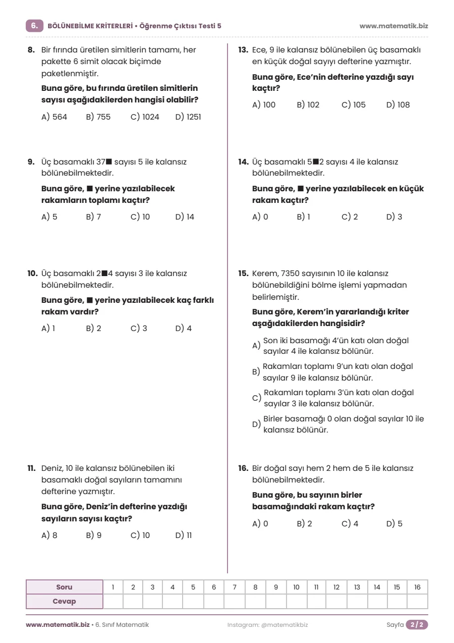6. Sınıf Bölünebilme Kriterleri Test PDF (Cevap Anahtarlı) 10. sayfa