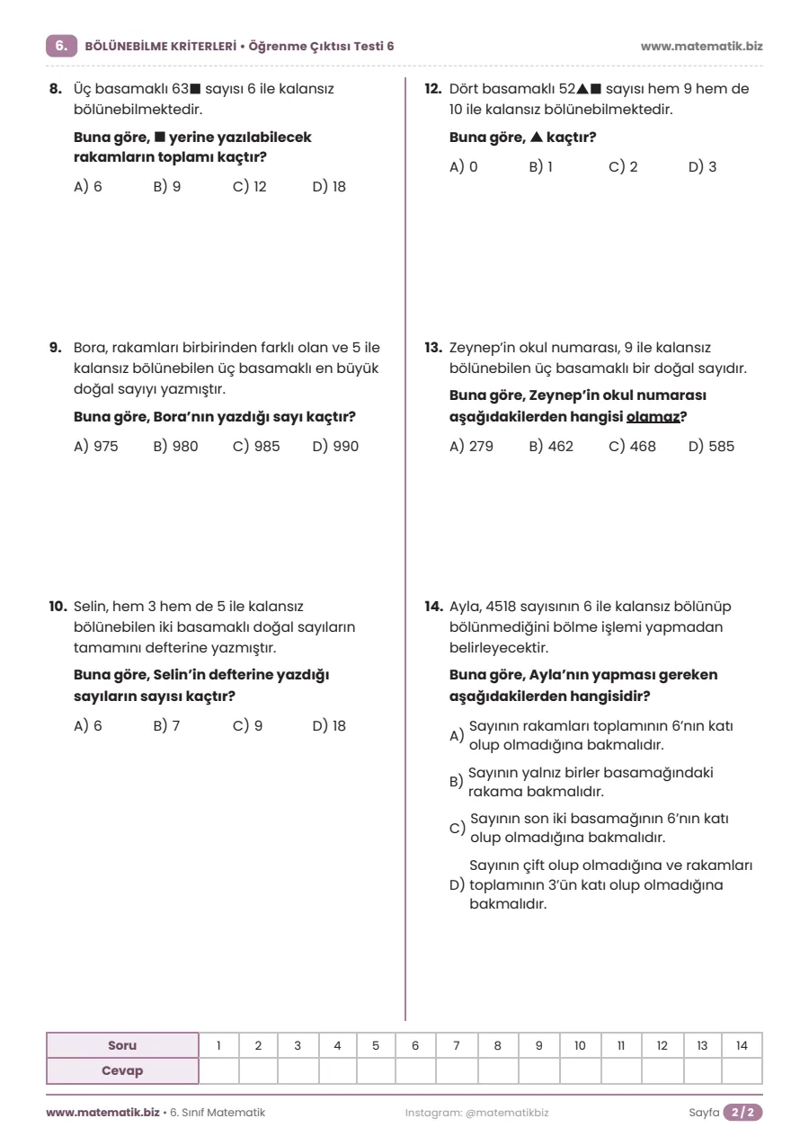 6. Sınıf Bölünebilme Kriterleri Test PDF (Cevap Anahtarlı) 12. sayfa