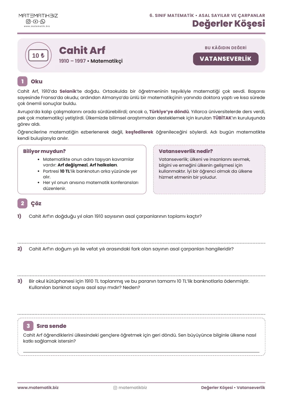 6.Sınıf Cahit Arf ile Asal Sayılar Değerler Köşesi 1. sayfa