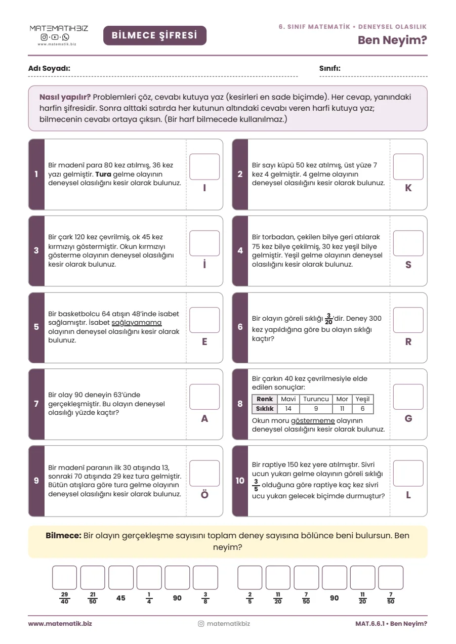 6.Sınıf Deneysel Olasılık Problemleri Bilmece Şifresi Etkinliği 1. sayfa