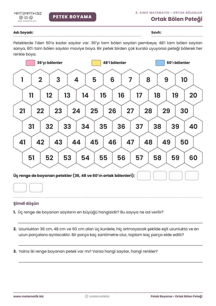 6.Sınıf Ortak Bölenler Petek Boyama Etkinliği 1. sayfa
