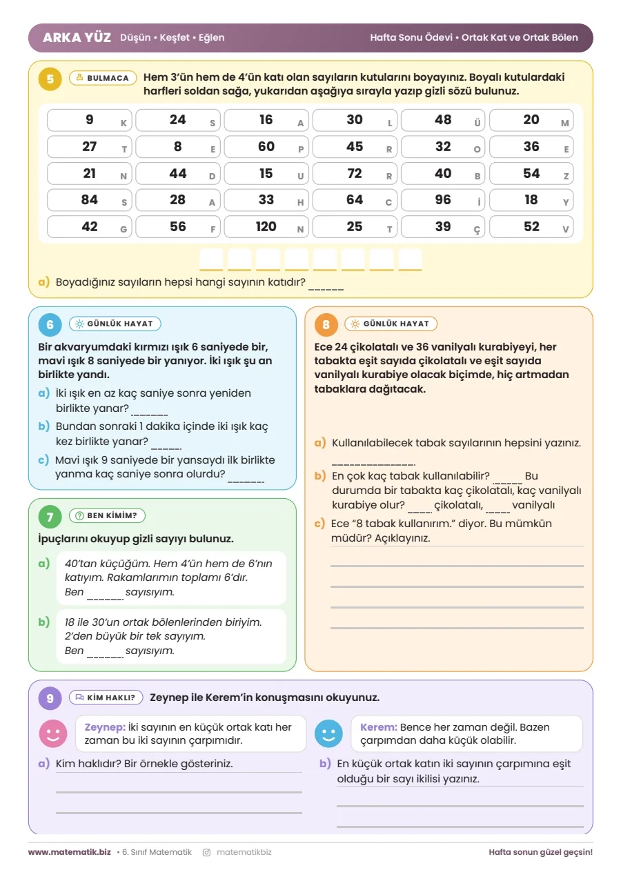 6.Sınıf Ortak Kat ve Ortak Bölen Hafta Sonu Ödevi 2. sayfa