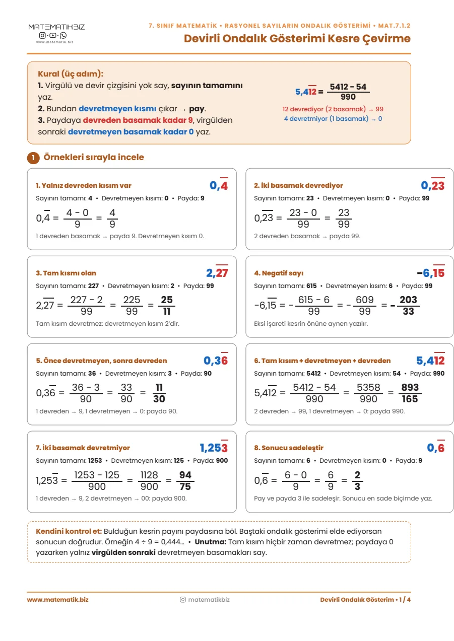 7.Sınıf Devirli Ondalık Gösterim Çalışma Kağıdı 1. sayfa