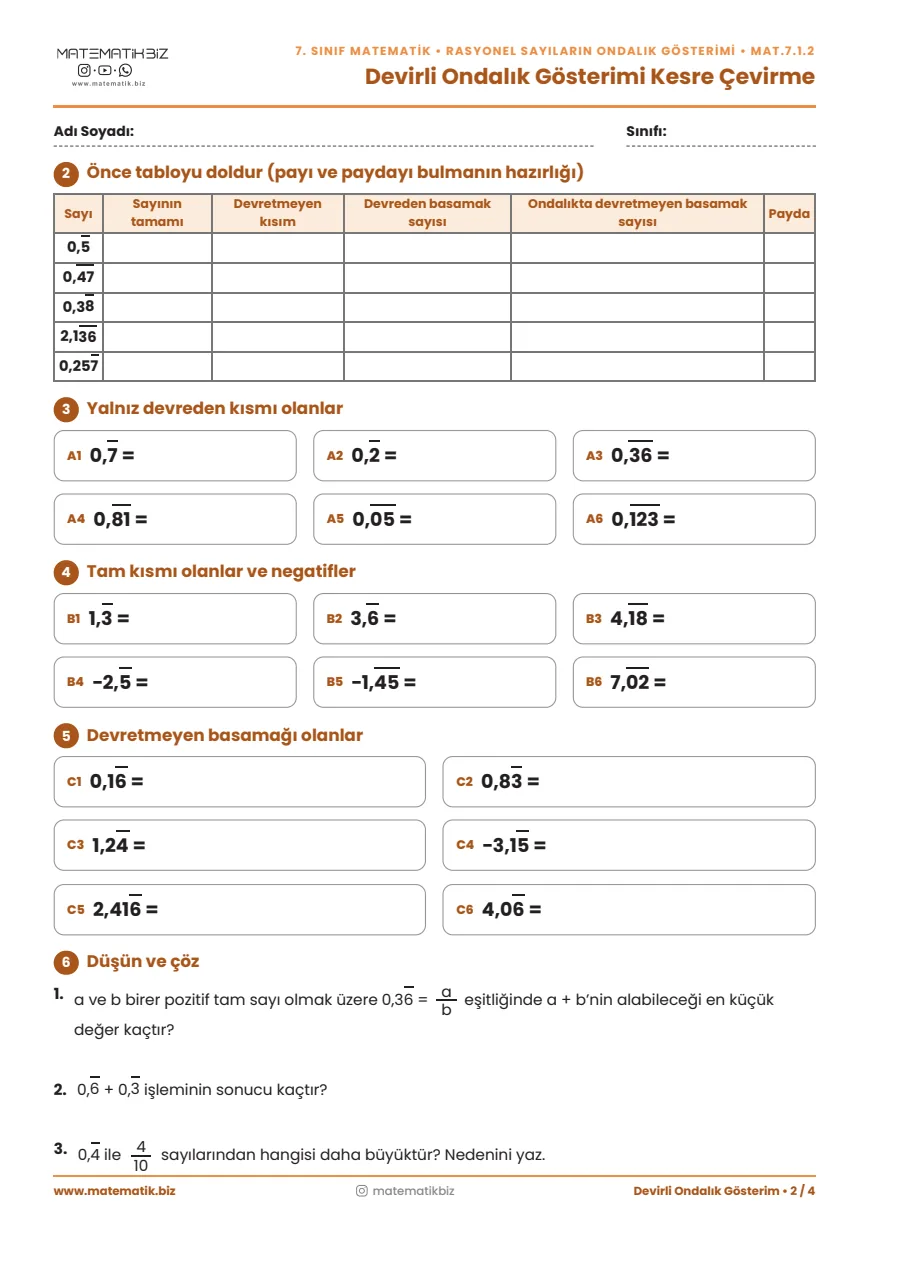 7.Sınıf Devirli Ondalık Gösterim Çalışma Kağıdı 2. sayfa