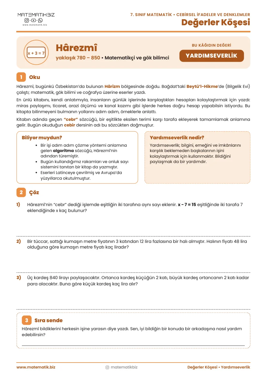 7.Sınıf Harezmi ile Denklemler Değerler Köşesi 1. sayfa