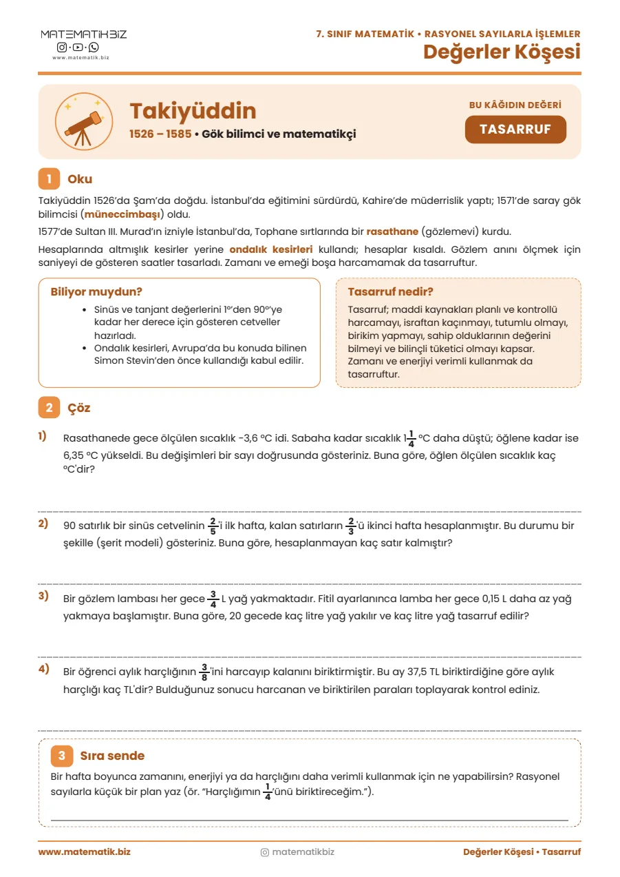 7.Sınıf Takiyüddin ile Rasyonel Sayılarla İşlemler Değerler Köşesi 1. sayfa