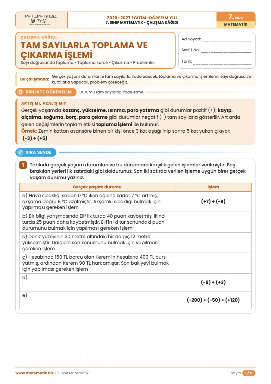 7.Sınıf Tam Sayılarla Toplama ve Çıkarma İşlemi Çalışma Kağıdı 1. sayfa