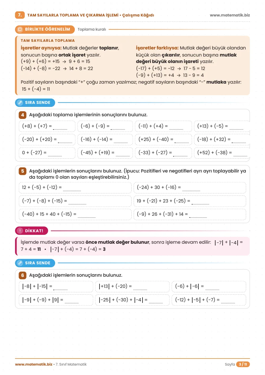 7.Sınıf Tam Sayılarla Toplama ve Çıkarma İşlemi Çalışma Kağıdı 3. sayfa