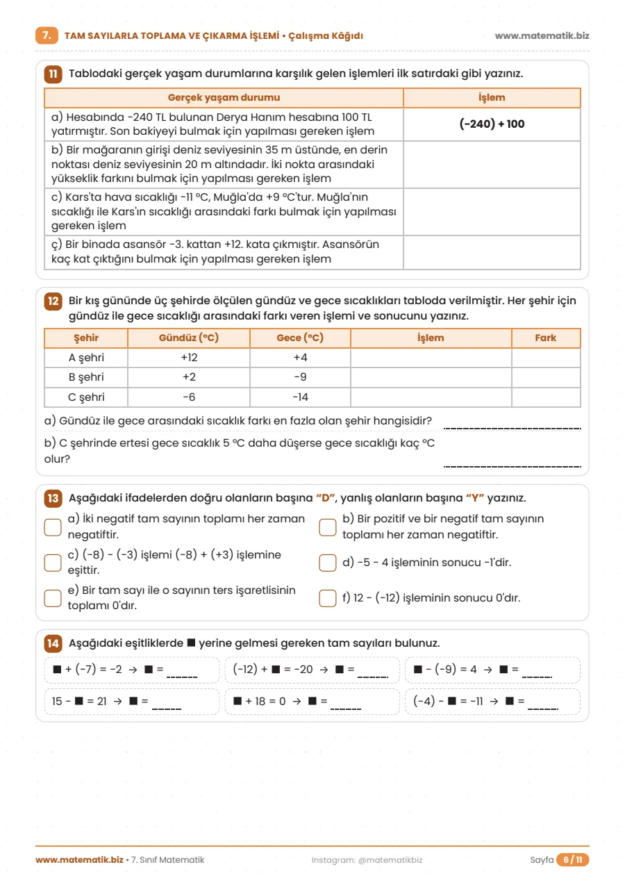 7.Sınıf Tam Sayılarla Toplama ve Çıkarma İşlemi Çalışma Kağıdı 6. sayfa