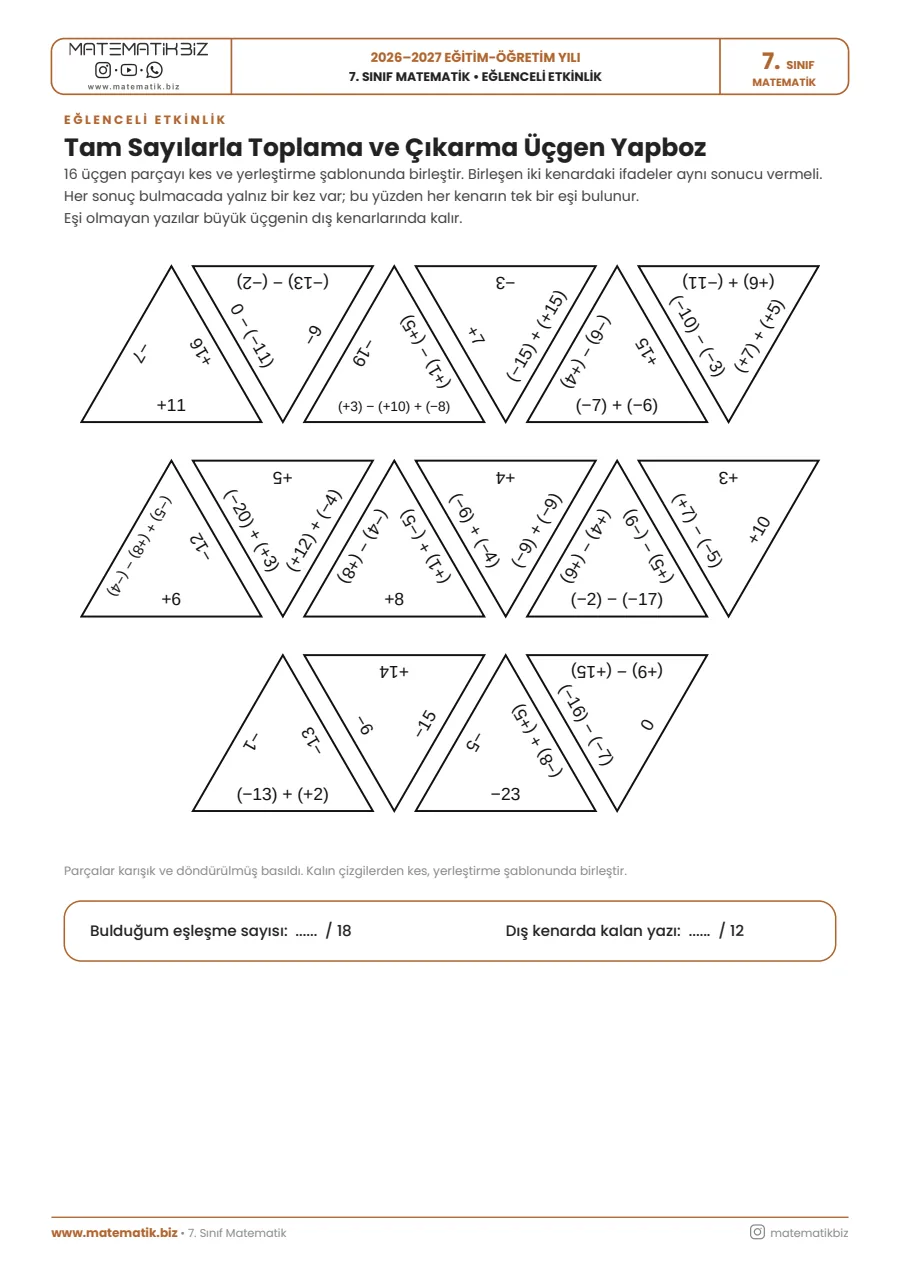 7.Sınıf Tam Sayılarla Toplama ve Çıkarma İşlemi Üçgen Yapboz Etkinliği 1. sayfa