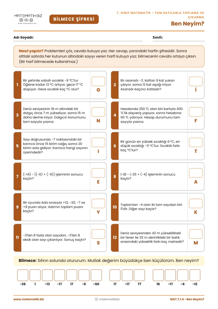 7.Sınıf Tam Sayılarla Toplama ve Çıkarma Problemleri Bilmece Şifresi Etkinliği 1. sayfa