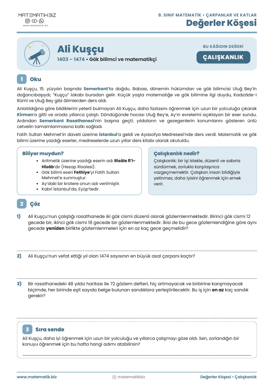 8.Sınıf Ali Kuşçu ile Çarpanlar ve Katlar Değerler Köşesi 1. sayfa